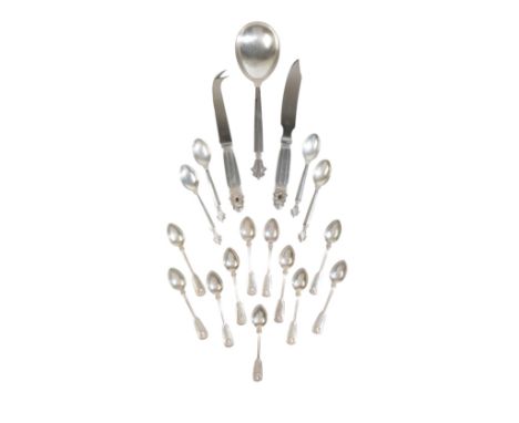 A SMALL GROUP OF SILVER FLATWARE, including: a Danish silver Acanthus pattern serving spoon by Georg Jensen, signed Georg Jen