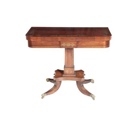 A REGENCY OR GEORGE IV ROSEWOOD AND BRASS INLAID CARD TABLE, circa 1820, the hinged rectangular top with a border of foliate 