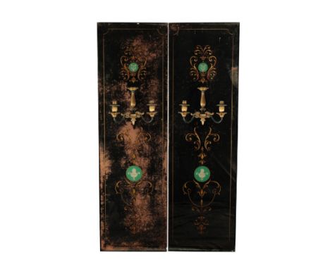 PAIR OF BELLE EPOQUE CAFÃ‰ MIRRORS each rectangular plate decorated with scrollwork in gilt, and neo-classical roundels, whit