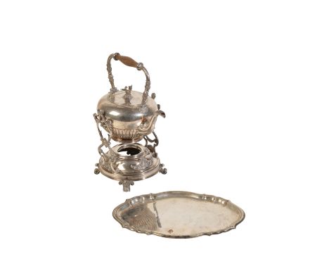 AN ITALIAN SILVER TEAPOT AND BURNER CRADLE, indistinctly marked to the underside of the lid, the hinged lid decorated with a 