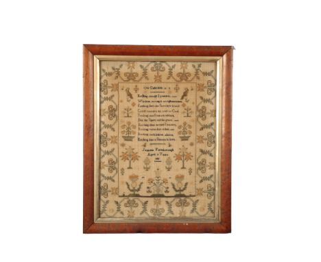 A VICTORIAN NEEDLEWORK SAMPLER, the work ofÂ&nbsp;Jemima Farmborough, aged 7 Years, 1881,Â&nbsp;with the verseÂ&nbsp;On Galat