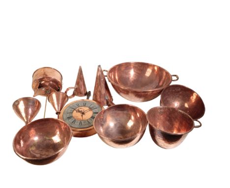 A COLLECTION OF COPPER BASINS, FUNNELS AND UTENSILS, 19th and early 20th century, including a large twin handles basin; four 