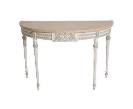 A PAINTED WOOD AND COMPOSITION DEMI-LUNE CONSOLE TABLE, IN NEOCLASSICAL STYLE, the central tablet of the frieze with twin ado