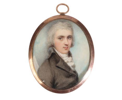 ASCRIBED TO ANDREW PLIMER (1763-1837), A miniature portrait of a gentleman wearing a black overcoat and white cravat, 7cm x 5