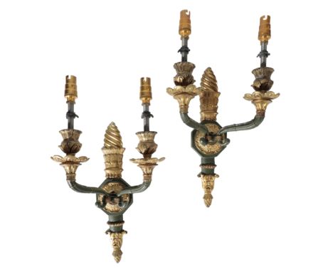 A PAIR OF PAINTED AND PARCEL GILT BRONZE TWIN LIGHT WALL APPLIQUES IN REGENCY EMPIRE STYLE, 20th century, the tulip form sock
