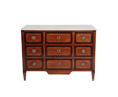 A FRENCH WALNUT, PARQUETRY AND EBONY BANDED COMMODE, late 18th century, the white marble top with moulded front and side edge