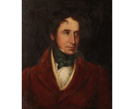 ENGLISH SCHOOL, 19TH CENTURY A head and shoulders portrait of a gentleman the sitter wearing a brown overcoat, with white shi