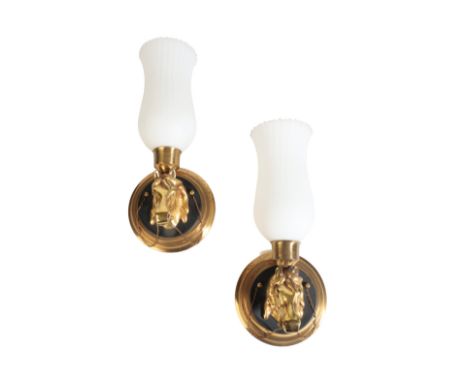 PAIR OF MAISON JANSEN" STYLE WALL LIGHTS" each with a horse's head on a circular panel, with waisted opaline glass shades, 36