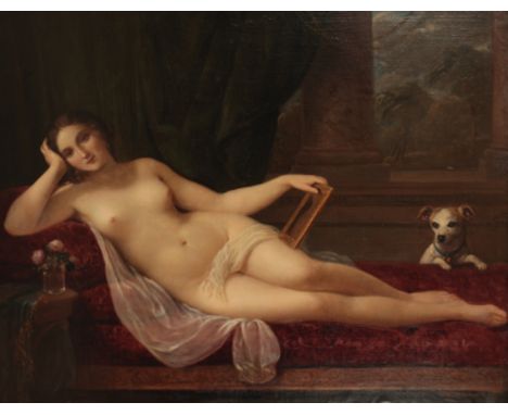 NATALE SCHIAVONI (1777-1858) 'Venus' nude full length female reclining on a chaise longue in an interior, holding a hand mirr