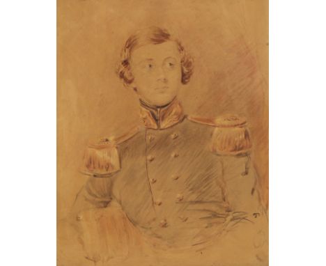 GEORGE RICHMOND (1809-1896) A portrait of a young military officer half-length, the sitter wearing a blue tunic with gold epa