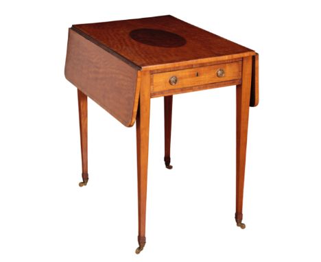 A FINE GEORGE III SATINWOOD AND AMBOYNA PEMBROKE TABLE OF SHERATON DESIGN, late 18th century, the rectangular crossbanded top