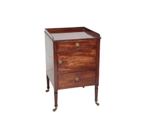 A LATE GEORGE OR REGENCY MAHOGANY NIGHT COMMODE, circa 1810 and later edapted, the rectangular top with three quarter gallery