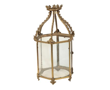 A GILT BRONZE AND GLAZED HALL LANTERN, IN GEORGE III STYLE, late 19th Century, with anthemion cast mounts at the upper angles