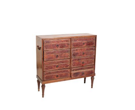 A STAINED HARDWOOD AND GILT TOOLED LEATHER CARTONNIER, 19th century, with eight drawers arranged in two files, all with ring 