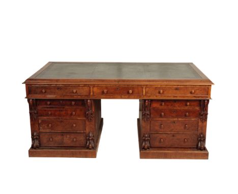 A VICTORIAN WALNUT PARTNERS' DESK, Last quarter 19th century, the rectangular top with gilt tooled green leather inset writin