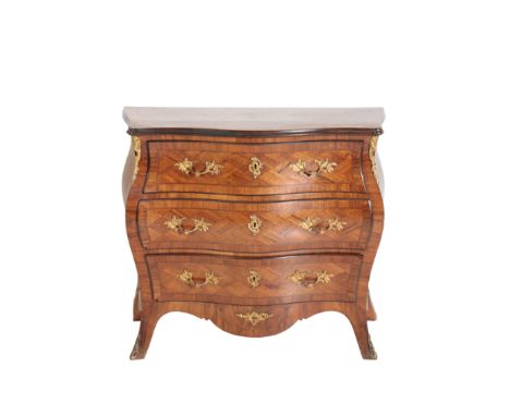 A WALNUT AND PARQUETRY BOMBE COMMODE, IN CONTINENTAL 18TH CENTURY STYLE, the diapered top with moulded serpentine front and s