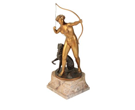 AFTER OTTO POERTZEL, (GERMAN 1876 â€“ 1963), A GILT AND PATINATED BRONZE GROUP OF DIANA AND HER HOUND, circa 1925, the goddes