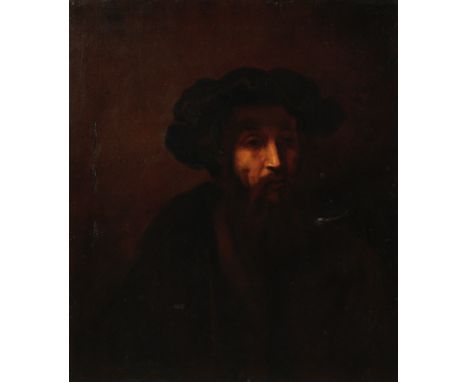 CONTINENTAL SCHOOL, 18TH CENTURY, A head and shoulders portrait of a bearded gentleman wearing a brown cap and overcoat, oil 