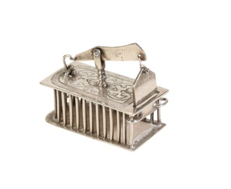 A DUTCH SILVER MINIATURE MOUSETRAP attributed to Arnoldus Van Geffen (fl. 1728-1769) with later taxation markÂ&nbsp;elongated