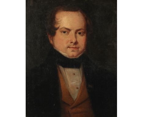 ENGLISH SCHOOL, 19TH CENTURY A head and shoulders portrait of a gentleman wearing a mustard coloured waistcoat under a black 