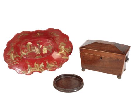 A REGENCY ROSEWOOD TEA CADDY, of Sarcophagus form, 24.5cm wide, a George III mahogany wine coaster, 15.5cm diameter, and a re