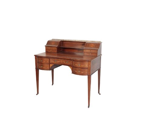 A MAHOGANY AND MARQUETRY BONHEUR DU JOUR IN 18TH CENTURY TASTE, late 19th century, the superstructure with twin stationery ra