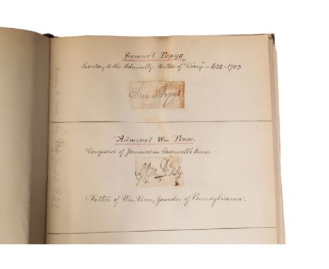 A COLLECTION OF AUTOGRAPHS COMPILED BY J W NEWTON 1874 to include signatures of Charles Dickens, Samuel Pepys and Admiral Pen