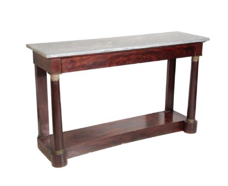 A RESTAURATION MAHOGANY AND MARBLE MOUNTED CONSOLE TABLE, circa 1820, the rectangular dove grey marble top above a plain frie