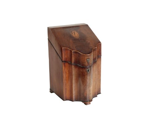 A GEORGE III MAHOGANY KNIFE BOX, circa 1775, the hinged and sloping cover with inset marquetry conch shell, with serpentine f