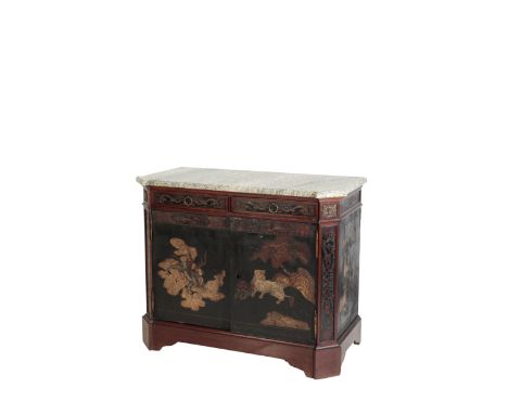 A FRENCH CHINOISERIE LACQUERED AND MARBLE TOPPED COMMODE, early 20th century, the marbe vert de Estours top with canted front