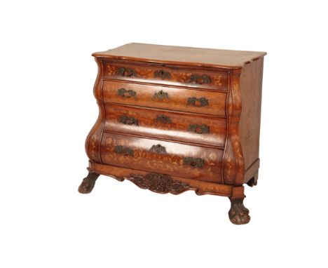 A DUTCH WALNUT AND MARQUETRY BOMBE CHEST OF DRAWERS, the top with foliate and avine marquetry band within serpentine front an