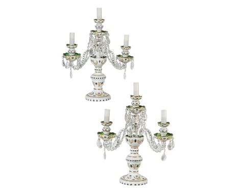 A PAIR OF FRENCH GREEN AND WHITE OVERLAID GLASS THREE LIGHT LUSTRE CANDELABRA, each with one raised sconce on a baluster, kno
