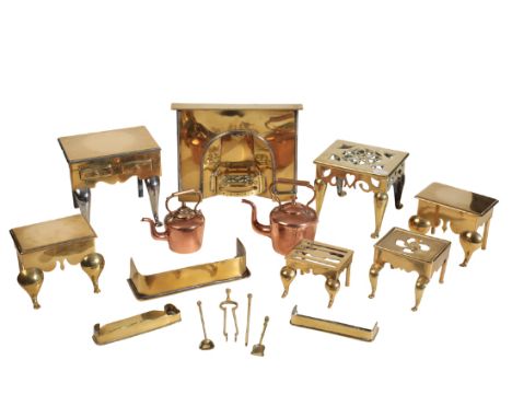 A COLLECTION OF MINIATURE VICTORIAN DOMESTIC METAL UTENSILS, second half 19th century, comprising six brass trivet stands; a 