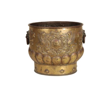 A DUTCH OR FLEMISH GILT REPOUSSE COPPER LOG BIN IN 17TH CENTURY STYLE, last quarter 19th century, of cylindrical form, with a