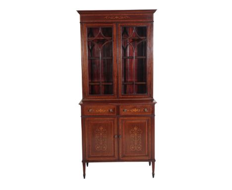 AN EDWARDIAN MAHOGANY, MARQUETRY AND GLAZED CABINET BOOKCASE, early 20th century, the cornice above a foliate decorated friez