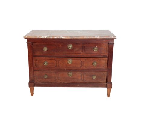 A PROVINCIAL FRENCH OR NORTH ITALIAN HARDWOOD, PROBABLY CHESTNUT, COMMODE, c.1800, the rectangular mottled brown and white ma