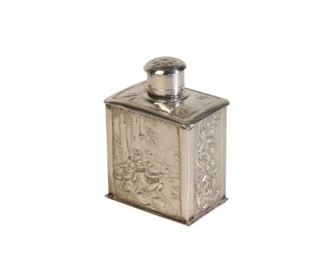 A DUTCH SILVER MINIATURE TEA CADDY by Arnoldus Van Geffen (fl. 1728-1769), rectangular and richly decorated with foliage, flo