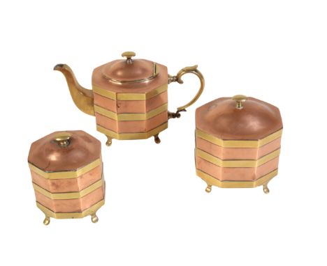 A VICTORIAN COPPER AND BRASS BANDED TEAPOT WITH TWO SIMILAR CADDIES EN SUITE, circa 1870, all of octagonal section, with hing