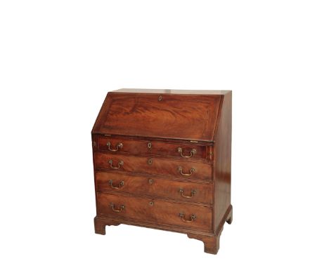 A GEORGE III MAHOGANY BUREAU, circa 1770, with fall front enclosing a fitted interior, above four graduated drawers all with 