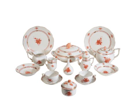 A HEREND PORCELAIN 'CHINESE BOUQUET' DINNER AND TEA SERVICE, 20TH CENTURY, comprising 8 cups and 10 saucers, 8 inner plates, 