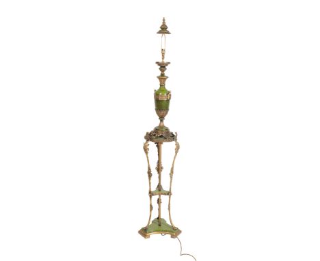 A PAINTED METAL STANDARD LAMP, loosely in 18th century taste, 20th century, the electrical fitment above an urn, the stand wi