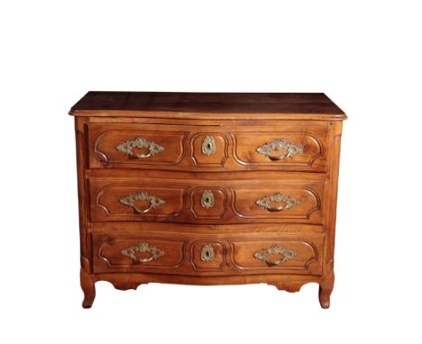 A LOUIS XV CHESTNUT COMMODE, mid 18th century, the top with moulded front and side edges above a serpentine front, the three 