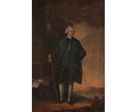 ENGLISH SCHOOL 18TH CENTURY, A full length portrait of a gentleman in blue attire, holding a stick in his right hand, a flute