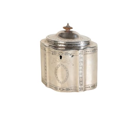 A GEORGE III SILVER TEA CADDY by Robert Hennell I, 1786, with bright-cut decoration and a vacant oval cartouche suspended fro
