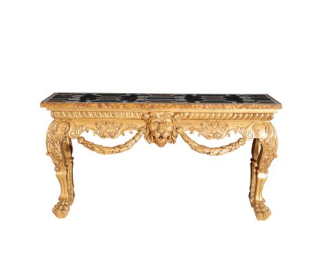 A CARVED GILTWOOD AND FAUX PIETRE DURE TOPPED CONSOLE TABLE, IN 18TH CENTURY TASTE, 20th century, by Jonathan Sainsbury, the 