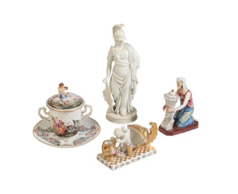 A GLAZED WHITE PORCELAIN FIGURE OF MINERVA standing on a circular base with a key-pattern border, 22cm high, a Paris porcelai