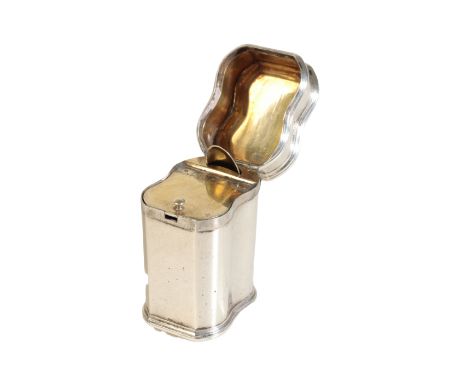 A DUTCH SILVER MINIATURE TEA CADDY later duty mark, probably 18th centuryof shaped square form with a gilt interior, containi