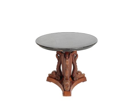 A LOUIS PHILIPPE MARBLE TOPPED MAHOGANY GUERIDON, circa 1840, the circular fossil marble top with moulded edging, on an eboni