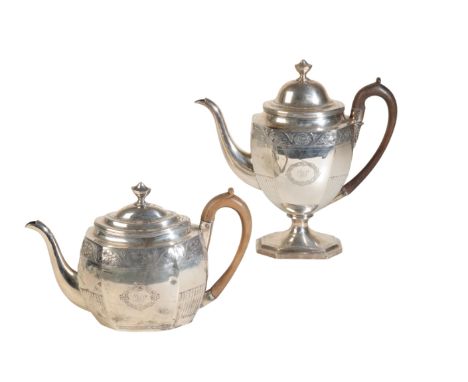 A GEORGE III SILVER HOT WATER POT by Thomas Wallis II, 1802, of urn form with bright cut floral engraving and linear chasingÂ