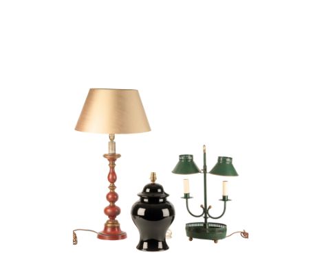 A JAPANNED METAL TWIN LIGHT BOUILLOTTE TABLE LAMP, in early 19th century style, 20th century, the conical shades height adjus